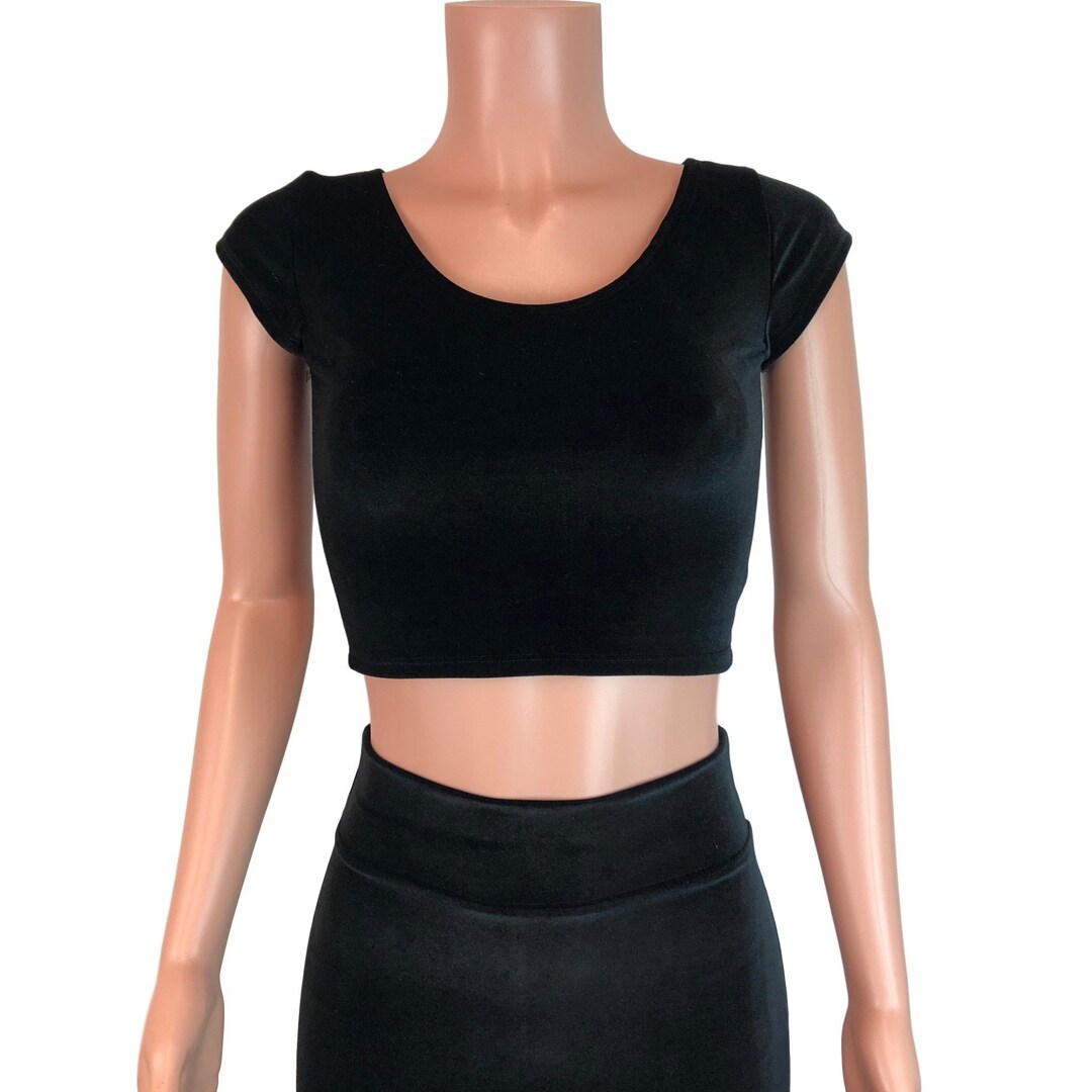 Black Velvet Cap Sleeve Crop Top Bodycon Clubwear, Rave Wear - Etsy
