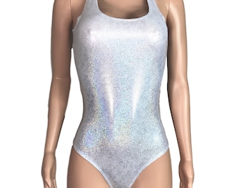 Silver Holographic Bodysuit Leotard, Bathing Suit - bodycon Clubwear, Rave Wear, Activewear, Running, Yoga, crossfit