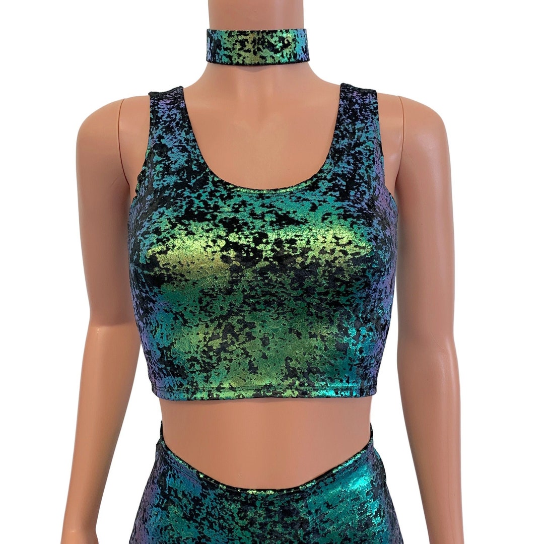 Green Rave Tops Crop Tank Top - *black/green Iridescent Gilded Velvet* | Rave Top ...