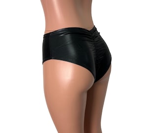 Scrunch Bikini - Mid-Rise *Black Metallic* - Geraffte Brasilianische Bikinihose - Rave Clothing, Kunstleder, Wet-Look