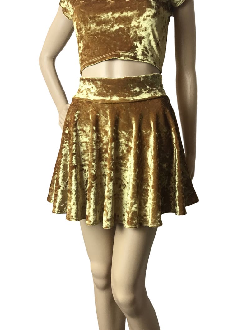 Crushed Velvet Skirt Mustard Yellow Gold Skater Skirt Velvet Rave Skirt Gold Mini Skirt image 1