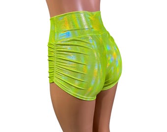 ライムホロスクランチブーティーショーツ - ネオングリーンホログラフィックギャザーポールダンス衣装 - レイブウェア - フェスティバル - ローラーダービーエアリアルウェア