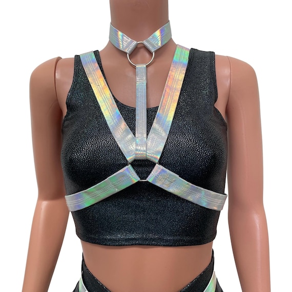 Cage Bra Harness Top in Opal Holographic Rave Body Chest Harness W/ Choker  -  Canada