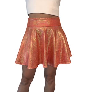 Orange Sparkle Holographic High Waisted Skater Skirt - Clubwear, Rave Wear, Mini Circle Skirt