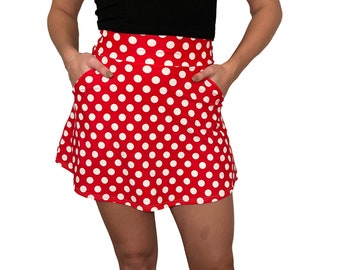 Red w/ White Polka Dot A-LINE Skirt w/Optional POCKETS - Costume Skirt - Minnie Skirt - High Waisted Rave Skirt