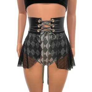 Lace-Up Skirt - *Black Vixen Mesh w/ Black Metallic* - Corset Skirt, Open Skirt, Hi-Lo Skater, Festival Clothing, Rave Outfit