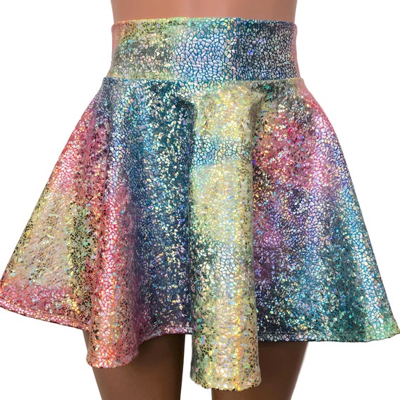 Opal Holographic Skater Skirt Holograph Rave Skirt CHOOSE LENGTH Festival  Clothing Reflective Skirt High Waisted Skirt 