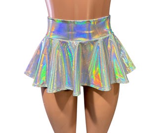 Super Mini Skater Skirt - 10" Opal Holographic High Waisted Circle Skirt - Rave Skirt, Festival Outfit, Iridescent