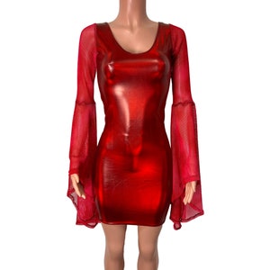 Bell Sleeve Bodycon Dress in Red Holo Spandex w/ Red Fishnet Sleeves - Club, rave, sexy dress