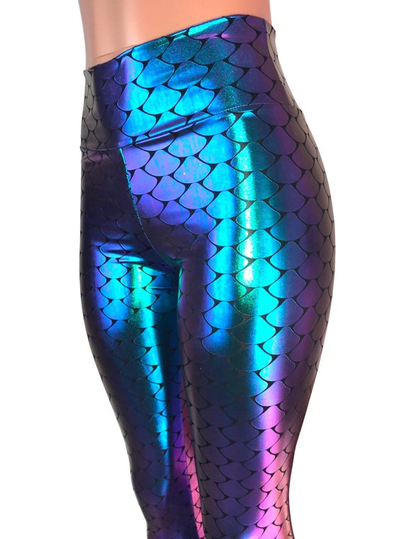 Mermaid Scale Holo Holographic High Waisted Leggings Pants Rave