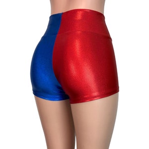May include: Red and blue shiny shorts with a high waist.