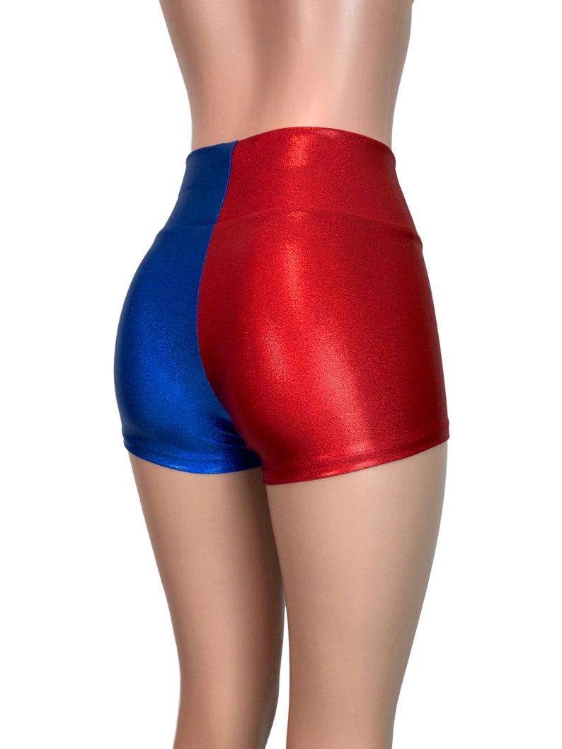 May include: Red and blue shiny shorts with a high waist.