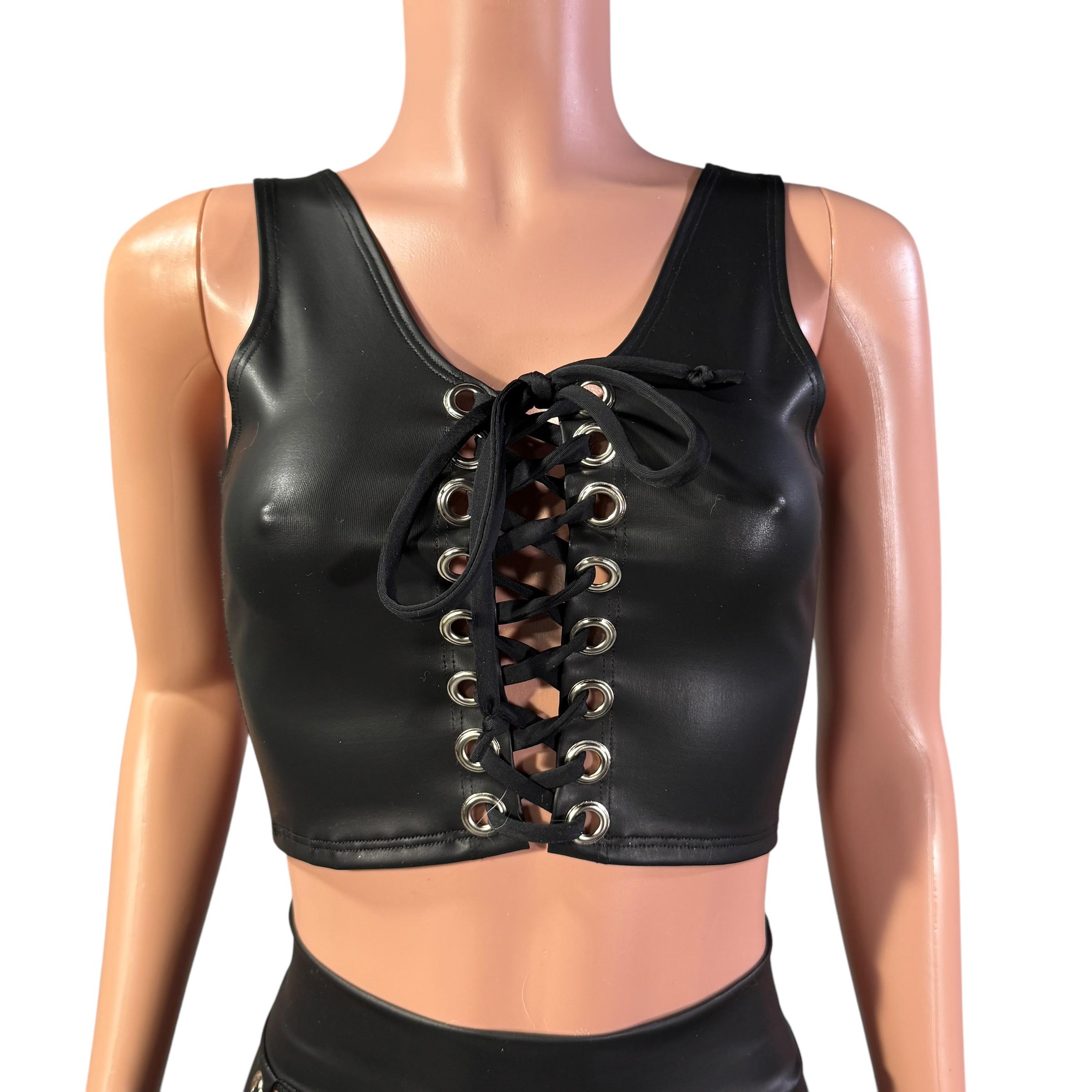 Lace-Up Crop Top - Matte Black Metallic Spandex | Faux Leather Corset Top - Rave Crop Top - Festival Outfit