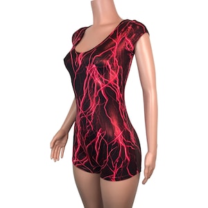 Cap Sleeve Romper - *Red Lightning* - Rave Wear, Festival Outfit, Aerial Performer, Pole Dance Clothing