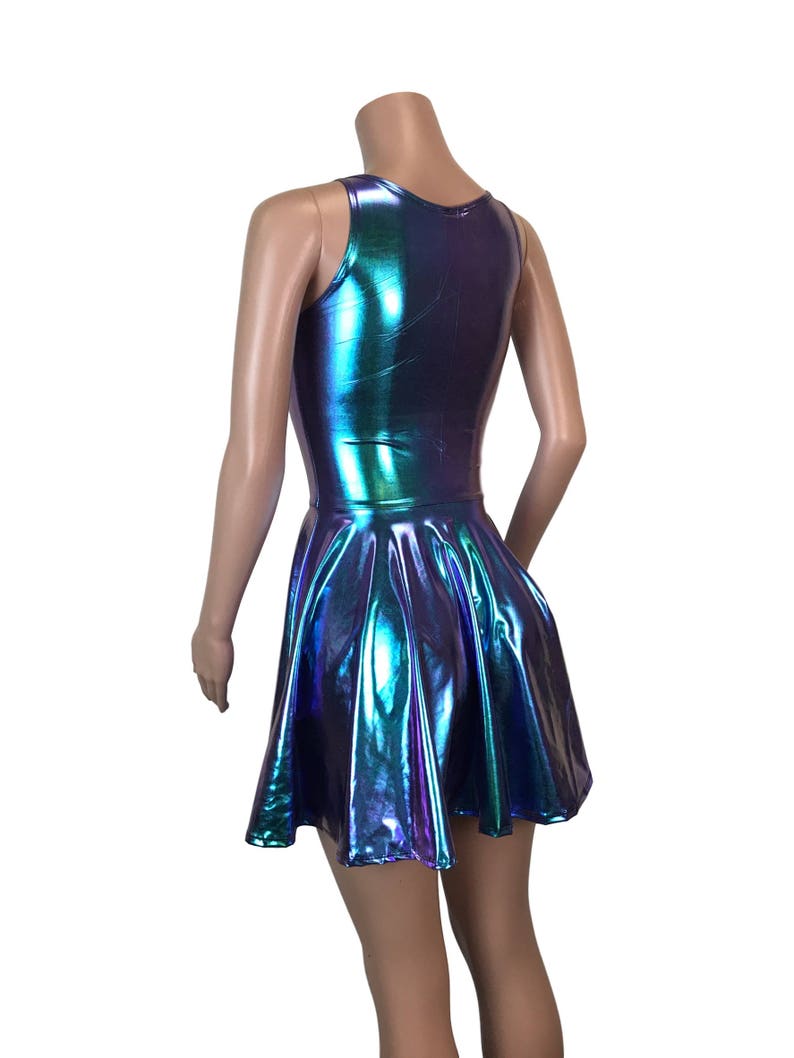 Holographic Oil Slick Skater fit n flare Tank Dress Club, Rave, Sexy Mini Dress, Cocktail, Festival Outfit image 4