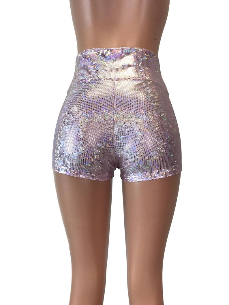 Pink Blush Shattered Glass Holographic High Waisted Booty Shorts club or rave wear Crossfit Running image 3