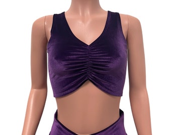 Purple Velvet Ruched Crop Top Tank - Bodycon, Rave Wear, Festival Clothing