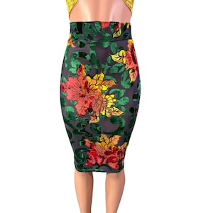 Long Pencil Skirt - Green Floral Burnout Velvet Sheer Bodycon Skirt