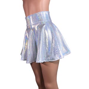 High Waisted Skater Skirt Holographic Silver on White Sparkle Mini Skirt Rave Skirt zdjęcie 3
