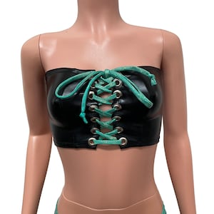 Black Metallic Lace-Up Tube Top Bandeau - Wet-Look Faux Leather - bodycon Clubwear, Rave Wear, Festival Clothing