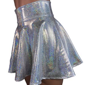 High Waisted Skater Skirt Holographic Silver on White Sparkle Mini Skirt Rave Skirt zdjęcie 2