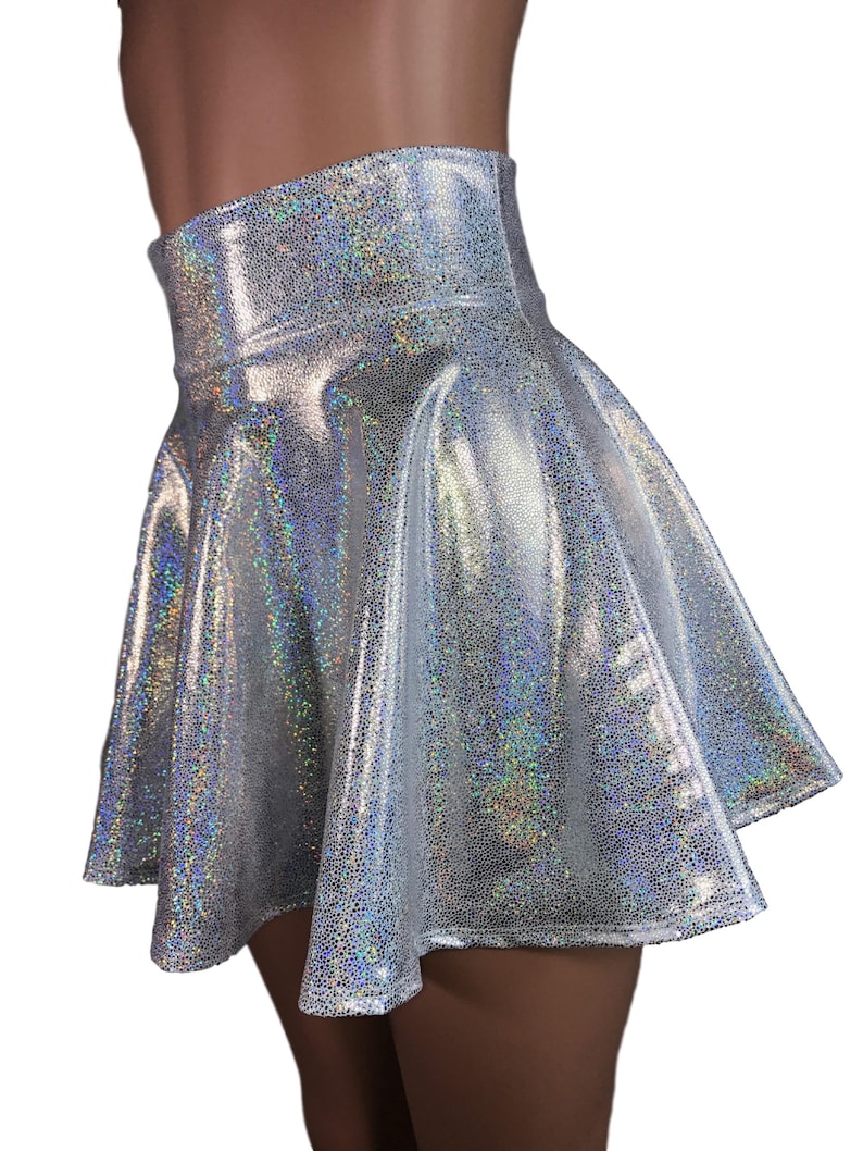 High Waisted Skater Skirt Holographic Silver on White Sparkle Mini Skirt Rave Skirt zdjęcie 2