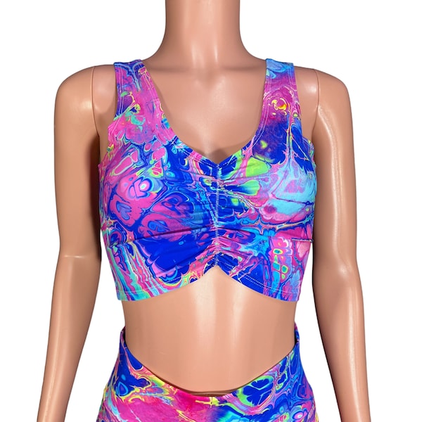 Rainbow Vapor Ruched Crop Top Tank - Rave Wear, Festival Clothing, EDM Outfit