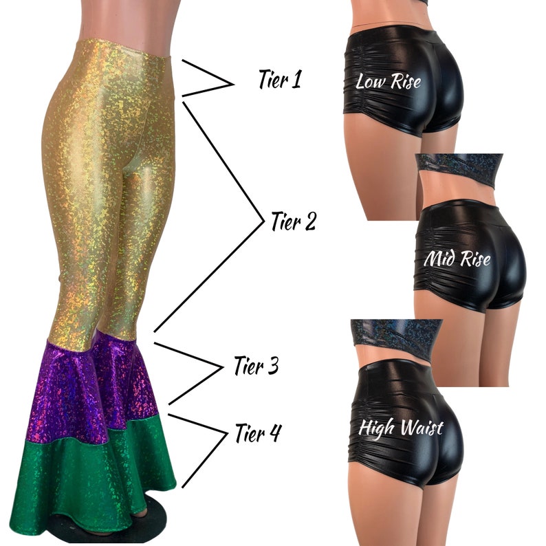 May include: Four different styles of black shorts with varying waist heights. The shorts are labelled "Low Rise", "Mid Rise", and "High Waist". A pair of gold and purple flared trousers are also shown.