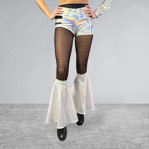 Leg Covers Boot Cover Bells in Silver on White Sparkle, Festival Calf Sleeves, Rave Bell Bottoms