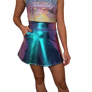 Oil Slick Holographic A-LINE Skirt w/Optional POCKETS - Holo Rave Skirt - Festival Clothing - High Waisted Rave Skirt