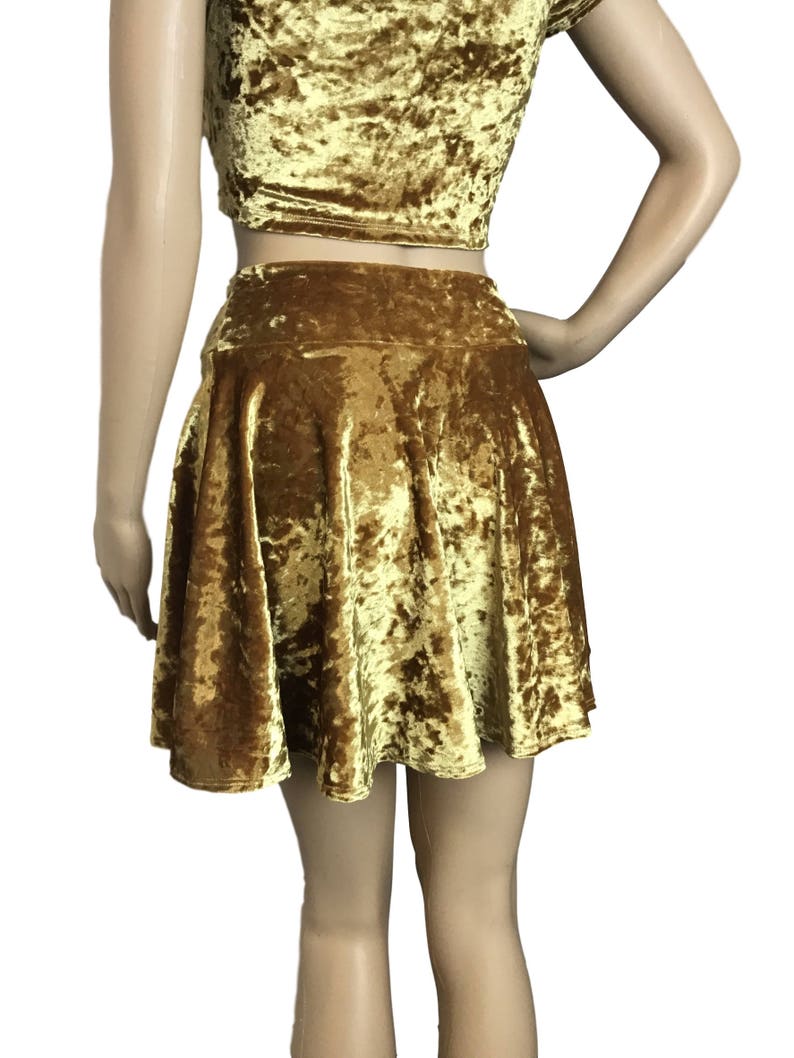 Crushed Velvet Skirt Mustard Yellow Gold Skater Skirt Velvet Rave Skirt Gold Mini Skirt image 3