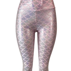 Pink Mermaid Scale Holo Holographic High Waisted Leggings Pants Rave, Festival, EDM, 80s Clothing High Waisted Funky image 6