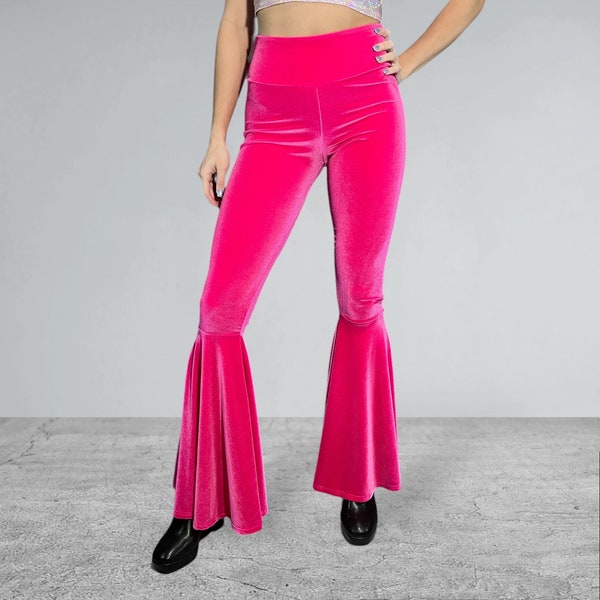 Pantalon bas cloche en velours rose vif - Taille basse, taille moyenne ou haute au choix - Rave, festival, EDM, vêtements des années 70, costume des années 60, Barbie boho