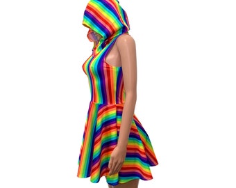 Sleeveless Rainbow Hoodie Skater Dress | Pride Dress, Festival Outfit