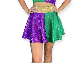 Mardi Gras Holographic High Waisted Skater Skirt - Mardi Gras Costume, Festival Clothing