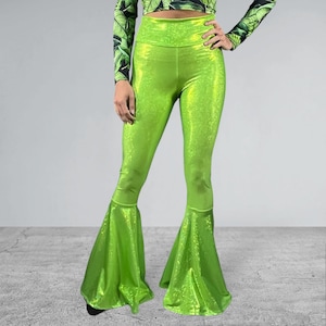 Lime Green Bell Bottoms | High Waist Flares in Holographic Neon Green | Disco Pants - 70s Costume, Festival Clothing, EDM Outfit
