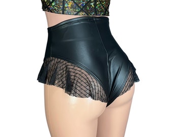 Shorty taille haute à volants en spandex métallique noir mat avec volants en résille noire Vixen | Short Rave, Bikini Tenue Festival