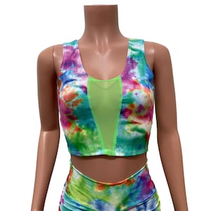 Mesh Inset Crop Tank Top - *Watercolor Spandex w / Lime Green Mesh * - Rave Kleidung, Festival Kleidung, Leistungskleidung