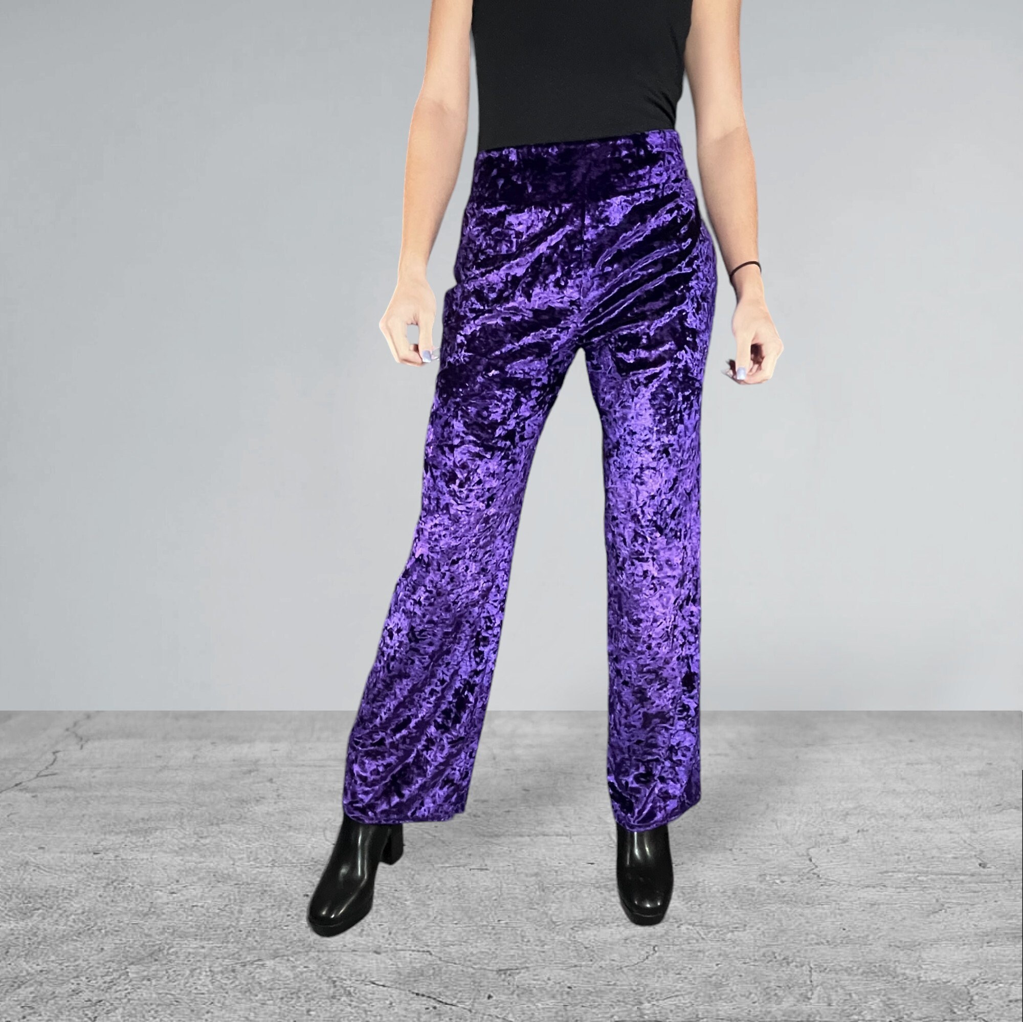 Purple Crushed Velvet Wide Leg Pants - Optional Pockets Purple Crushed Velvet Wide Leg Pants - Optional Pockets