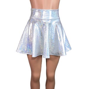 High Waisted Skater Skirt Holographic Silver on White Sparkle Mini Skirt Rave Skirt zdjęcie 5