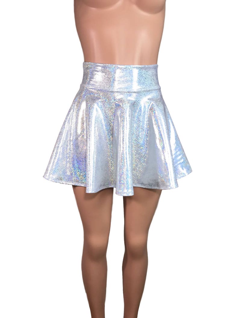 High Waisted Skater Skirt Holographic Silver on White Sparkle Mini Skirt Rave Skirt zdjęcie 5