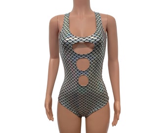 Silber Mermaid Holographic Keyhole Bodysuit | Trikot, Badeanzug - Bodycon Clubwear, Rave Wear