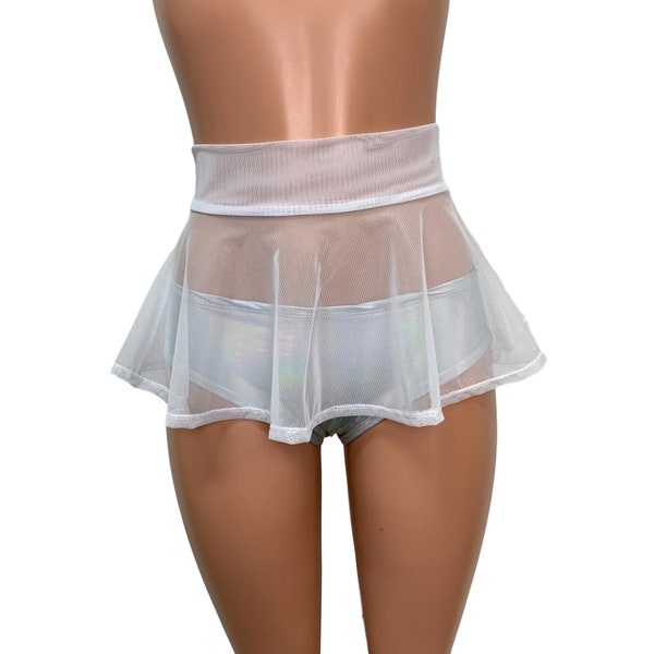 White Mesh Super Mini 10" High Waisted Skater Skirt | Rave Skirt, Sheer Festival Skirt