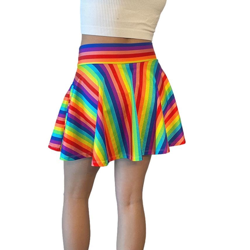 Rainbow Stripe High Waisted Skater Skirt - 15.5" Circle Skirt Made In USA For Festivals & Pride