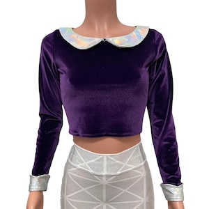 Purple Velvet Collared Crop Top - Bodycon Clubwear, Rave Wear, Boho
