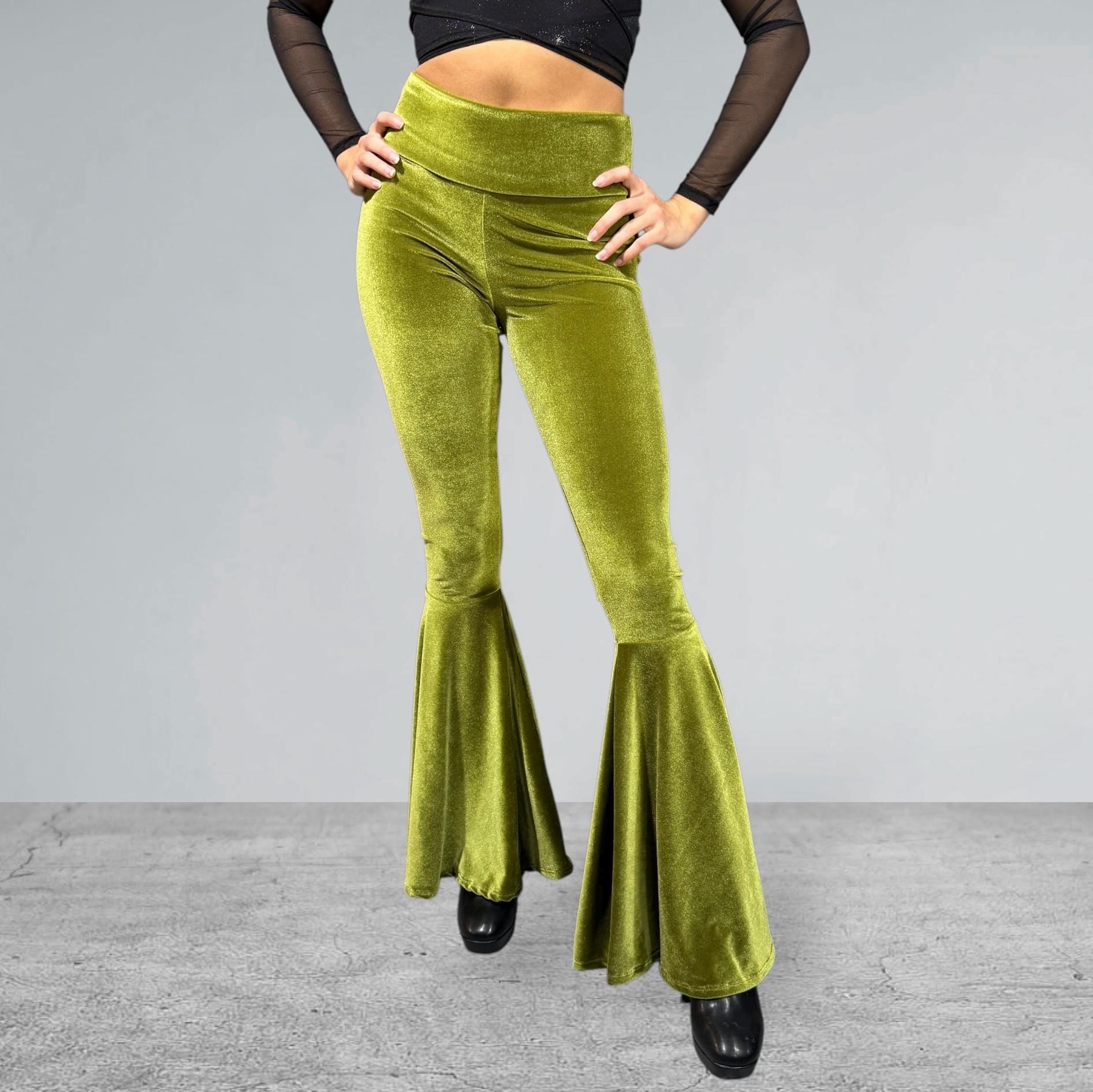 Velvet Bell Bottom Flare Pants in Olive Green - Choose Your Rise