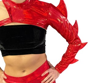 Spiked Side Bolero Top in Red Sparkle | Dragon or Devil Costume, Rave Outfit, Snake Reptile Festival Cosplay, Lost Lands EDM Outfit
