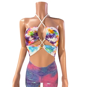 X-String Neckholder Top aus Spandex - Rave Wear, Festival Kleidung, EDM Outfit, Burning Man Badeanzug Bikini, Regenbogen Shirt