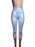 Silver Holographic Cropped Capri Leggings Pants  - Yoga, Rave, Festival, EDM, 80s Clothing - High Waisted