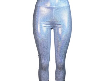 Silver Holographic Cropped Capri Leggings Pants  - Yoga, Rave, Festival, EDM, 80s Clothing - High Waisted